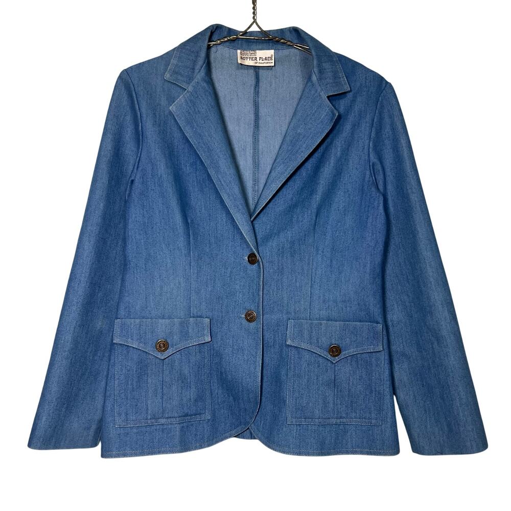 Vintage 70s Western Denim Blazer Jacket Pocket Accents Rodeo Womens Size Large